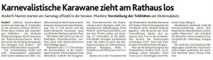 Karnevalstische Karawane zieht am Rathaus los