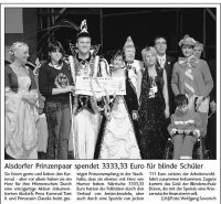 Alsdorfer Prinzenpaar spendet 3.333,33 Euro für blinde Schüler